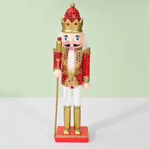 Soldado cascanueces decorativo de madera de 30 cm con lentejuelas rojas y corona dorada
