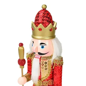 Cascanueces tradicional de madera de 30 cm con lentejuelas rojas y corona de oro real