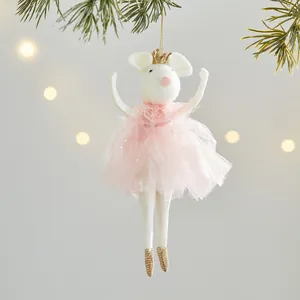 Cute white mouse Christmas ornament wearing a pink tutu and a tiny gold crown hanging
