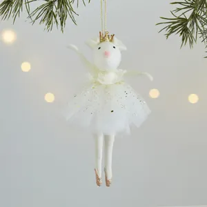 Charming white plush mouse ballerina Christmas ornament with gold crown and tutu skirt