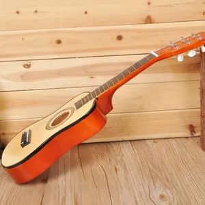Guitare jouet en bois de 54 cm pour enfants, finition orange et bois naturel