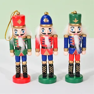 Set of three colorful 12.5cm wooden nutcracker soldier pendants for Christmas decoration