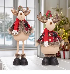 Handmade Christmas reindeer plush dolls with retractable legs and red plaid holiday outfit