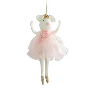 Cute white plush ballet mouse hanging ornament with pink tutu and golden crown