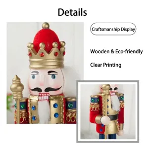 Detailed macro view of 30cm wooden Christmas nutcracker with gold crown and scepter