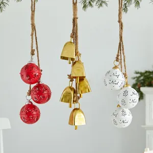 Vintage Iron Christmas Bell Pendant Ornaments With Hemp Rope Rustic Metal Noel Joy Lettering Bell For Christmas Tree Hanging Decorations