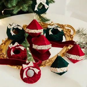 Elegant wine red and dark green flocked Christmas tree hanging ornaments in diamond shapes