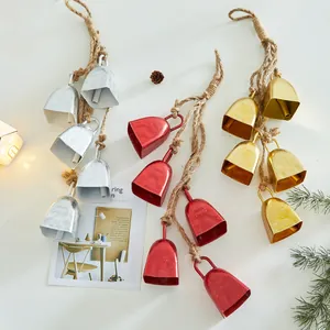 Christmas iron bell ornaments with hemp rope for festive tree hanging decor