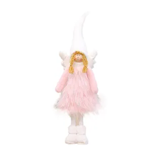 Charming Christmas plush angel doll with pink feather dress and white wings for holiday decor