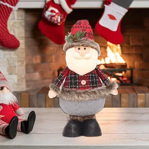 Standing Santa Claus plush doll with red plaid shirt for festive Christmas home decoration