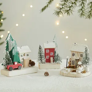 Christmas Wooden House Miniature Snow Scene Decoration Red White Cabin Small Ornament Desktop Layout Festive Xmas Atmosphere Decor