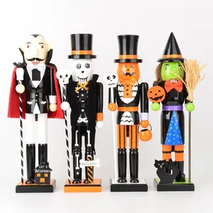 Halloween Nutcracker Wooden Soldier Statue Ornament Vampire Witch Skull Pumpkin Man Hand Painted Spooky Festive Desktop Decoration Gift