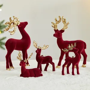 Adorno De Reno De Navidad Figurita De Ciervo Flocado Rojo Con Lentejuelas Doradas Para Decoración De Mesa De Fiesta Suministros