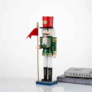 Classic 38cm wooden soldier nutcracker figurine with red flag for Christmas decor