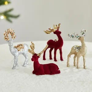 Set de adornos navideños de renos con flocado rojo y lentejuelas para decoración de escritorio.
