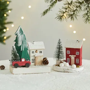 Rustic red and white wooden Christmas house ornaments for festive desktop decoration