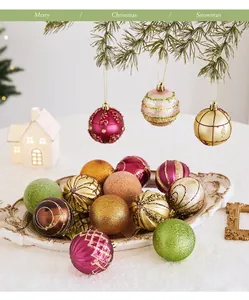 Assorted glitter and painted Christmas baubles displayed in a festive holiday scene