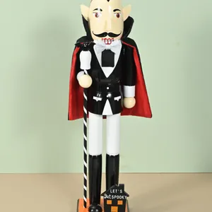 Handcrafted 38cm Halloween wooden vampire nutcracker soldier figurine with cape and staff