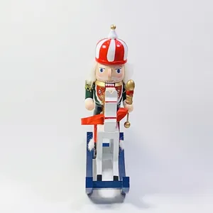 Detailed view of a 30cm wooden soldier nutcracker riding a white rocking horse toy