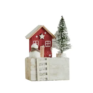 Miniature red wooden house Christmas tabletop ornament with snowman and frosted tree