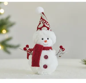 Detailed macro view of a plush Christmas snowman figurine with red scarf and hat