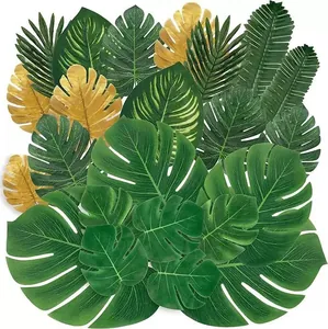 Artificial Monstera Leaves Set Gold Green Faux Palm Leaves Tropical Theme Party Decor Table Decoration Silk Screen Printed