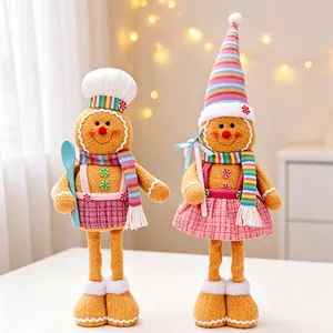 Detail view of gingerbread man plush toys with telescopic legs and Christmas outfits.