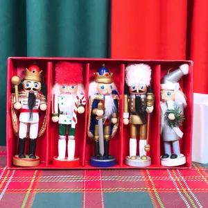 5-delige set 13cm houten notenkraker kerstboomhangers in rode geschenkverpakking