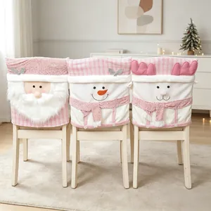 Roze Witte Ruit Kerst Stoelhoes 3D Pluche Kerstman Sneeuwpop Rendier Polyester Stoelhoezen Eetkamer Decoratie