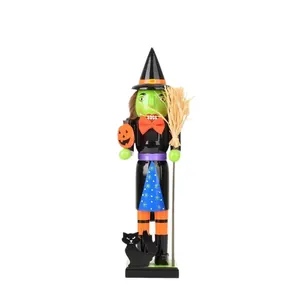 Handcrafted 38cm wooden Halloween witch nutcracker figurine with broom and pumpkin