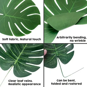 Detail view of artificial monstera leaves showing realistic veins and bendable stems
