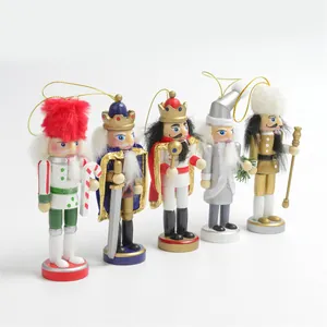 Set van 5 houten notenkraker soldaat kerstboom hangers van 13 cm met gouden koordjes decor