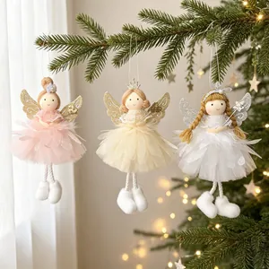 Nordic Cloth Christmas Angel Doll Pendant Glitter Wings Feather Skirt Xmas Tree Hanging Ornament Holiday Decor Photo Props