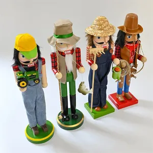 Set of four wooden nutcracker figurines featuring fisherman, cowboy, gardener, and driver themes.