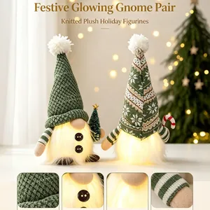 Detailed macro views showing knit texture and warm LED glow of plush gnomes