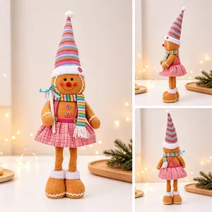 Three-angle views of a plush gingerbread doll wearing a pink plaid skirt and hat
