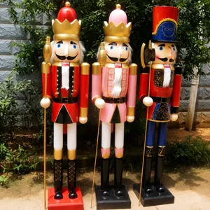 Detailed view of three 1.8m tall wooden Christmas nutcracker soldiers for outdoor decor.