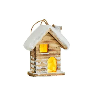 Miniature light-up wooden Christmas cabin ornament with faux snow for holiday decor
