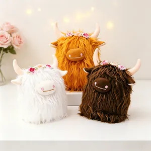 Cute Scottish Highland Cow Plush Toy Soft Stuffed Animal Desktop Ornament With Flower Wreath Highland Yak Doll Home Decor Gift