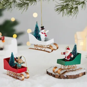 Nordic style metal Christmas sleigh hanging ornaments with Santa and snowman