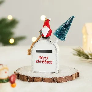 Charming white metal Christmas Santa mailbox ornament with gnome and mini tree decor