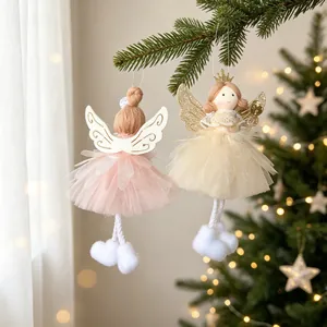 Pair of handcrafted Nordic fabric Christmas angel ornaments with gold glitter wings