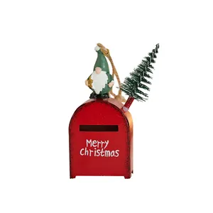 Red iron Christmas mailbox hanging ornament with cute gnome and mini tree decoration