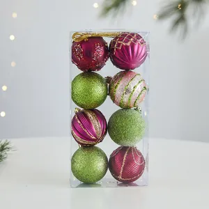 Set of 8 glitter and shiny Christmas tree ornaments in festive pink and green colors