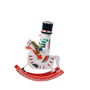 30cm handcrafted wooden snowman nutcracker riding a decorative white rocking horse