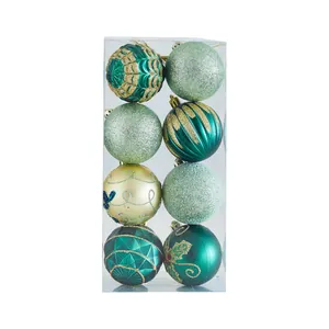 8-piece set of green and gold glitter Christmas baubles for tree decoration