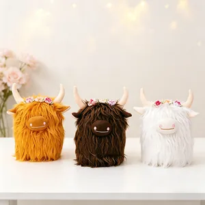 Three cute Scottish Highland cow plush toys with flower crowns for home decoration