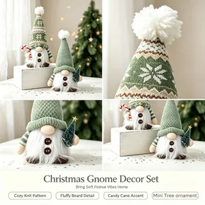 Close-up of green knitted Christmas gnome set with soft white fluffy beard detail