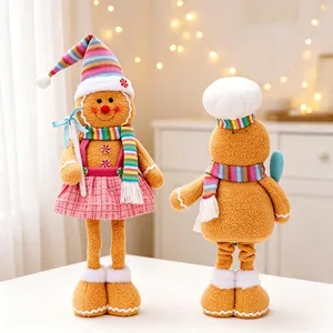 Detailed view of festive Christmas long-legged gingerbread man plush ornaments on a table