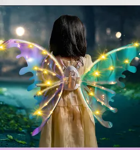 Close-up detail of electric glowing butterfly wings with LED lights on a girl